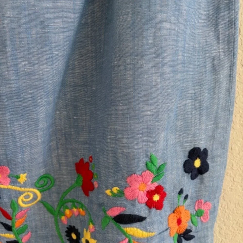 Talbots Chambray Linen/Cotton Embroidered Floral A Line Skirt Size 12 Boho Artsy - Picture 4 of 10